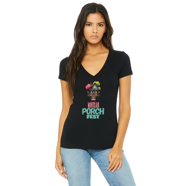 MONTCLAIR PORCHFEST 2025 WOMEN'S V NECK SHIRT (BLACK)