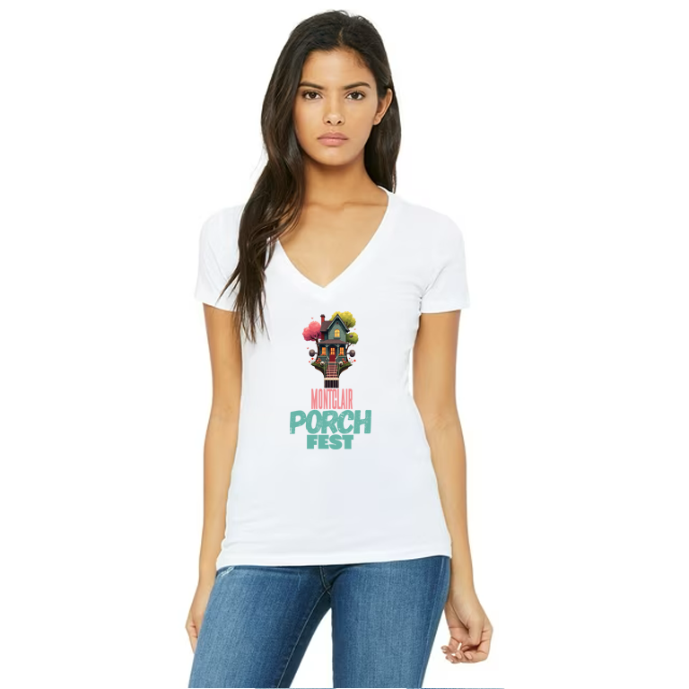 MONTCLAIR PORCHFEST 2025 WOMEN'S V NECK SHIRT (WHITE)